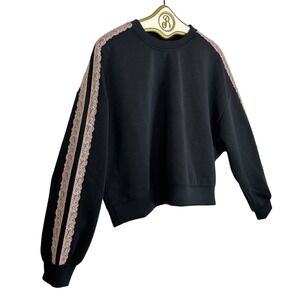 All in Motion Sweatshirt Womens LARGE Black Pink Lace Trim Athleisure Pullover